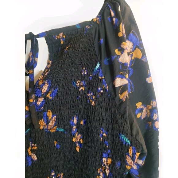 Ava & Viv Black Floral Peplum Blouse Women's 2X Prairie Neck Tie Shirred Back - Picture 7 of 8